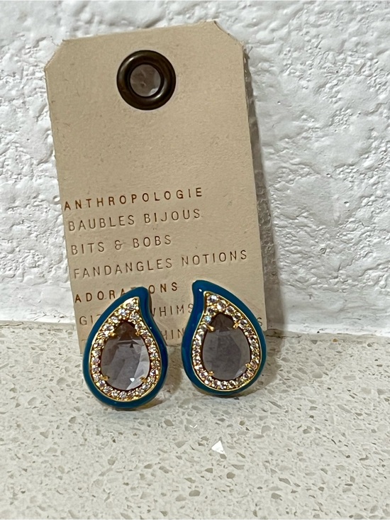 Anthropologie Jewelry - Anthropologie Teardrop Crystal Studs with Teal Enamel and Gold Tone
